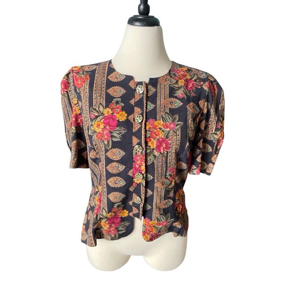 Vintage Lady Carol Floral Print Button-Up Blouse Size 14 Short-Sleeve Made In US